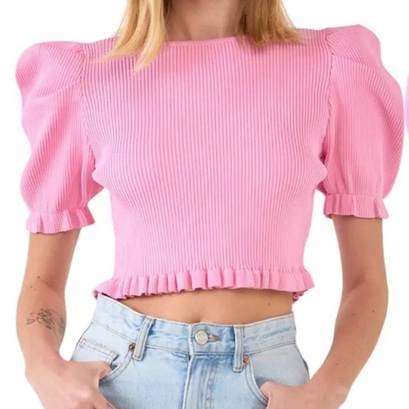 English Rose Ribbed Puff Sleeve Top Size Medium - Picture 1 of 7